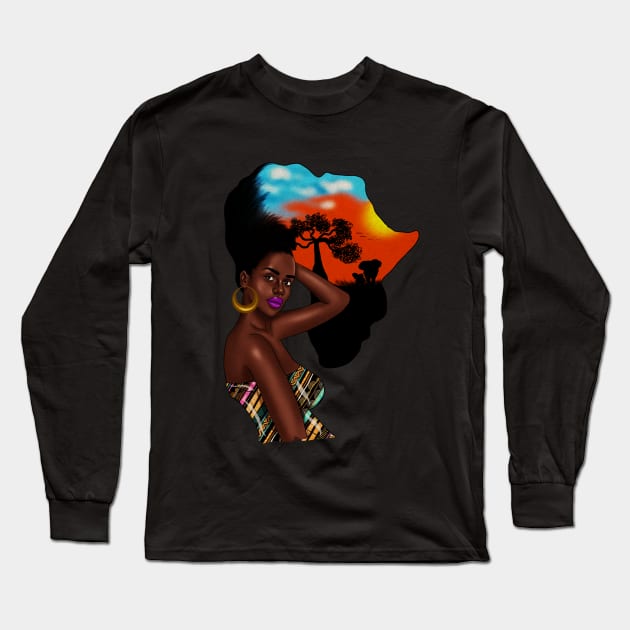 Afro African Woman with Africa map Hair Long Sleeve T-Shirt by dukito